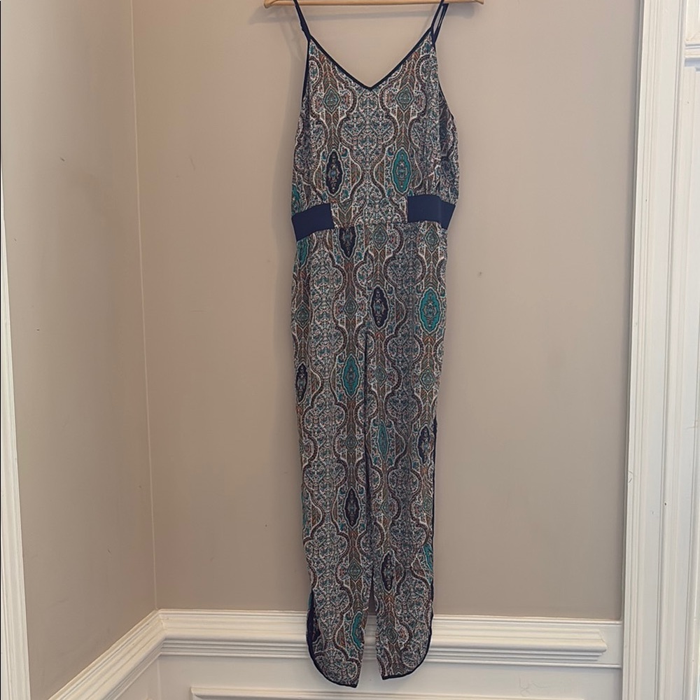 Fire Los Angeles Boho Geo Patterned Jumpsuit with Blue Accents